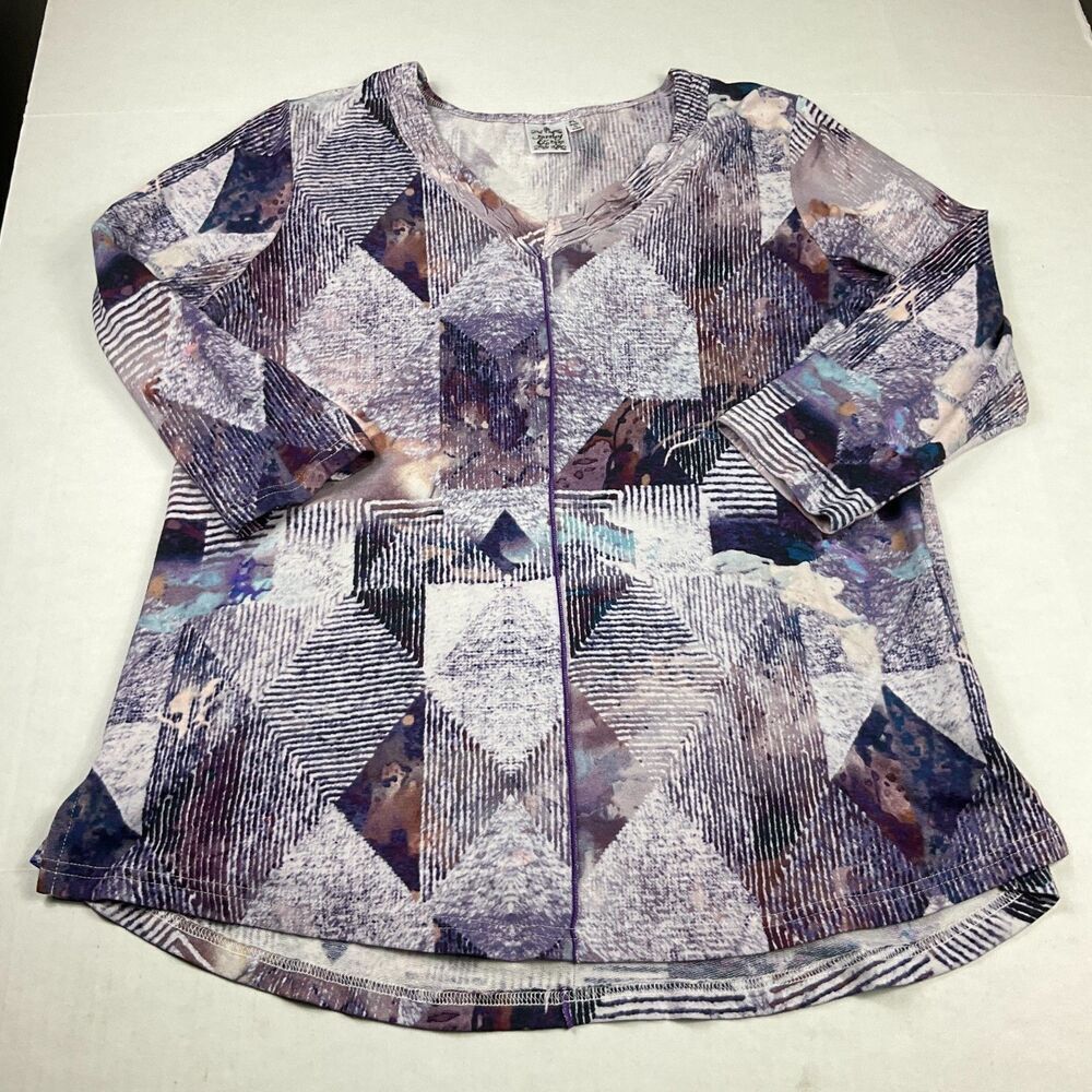 Parsley & Sage Tunic Top Purple Abstract Geometric Artsy 3/4 Sleeve Shirt PL
